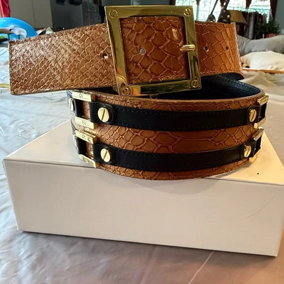 RARE Tory Burch Brown Snakeskin Waist belt black leather gold 2” size M $425 - Picture 5 of 15